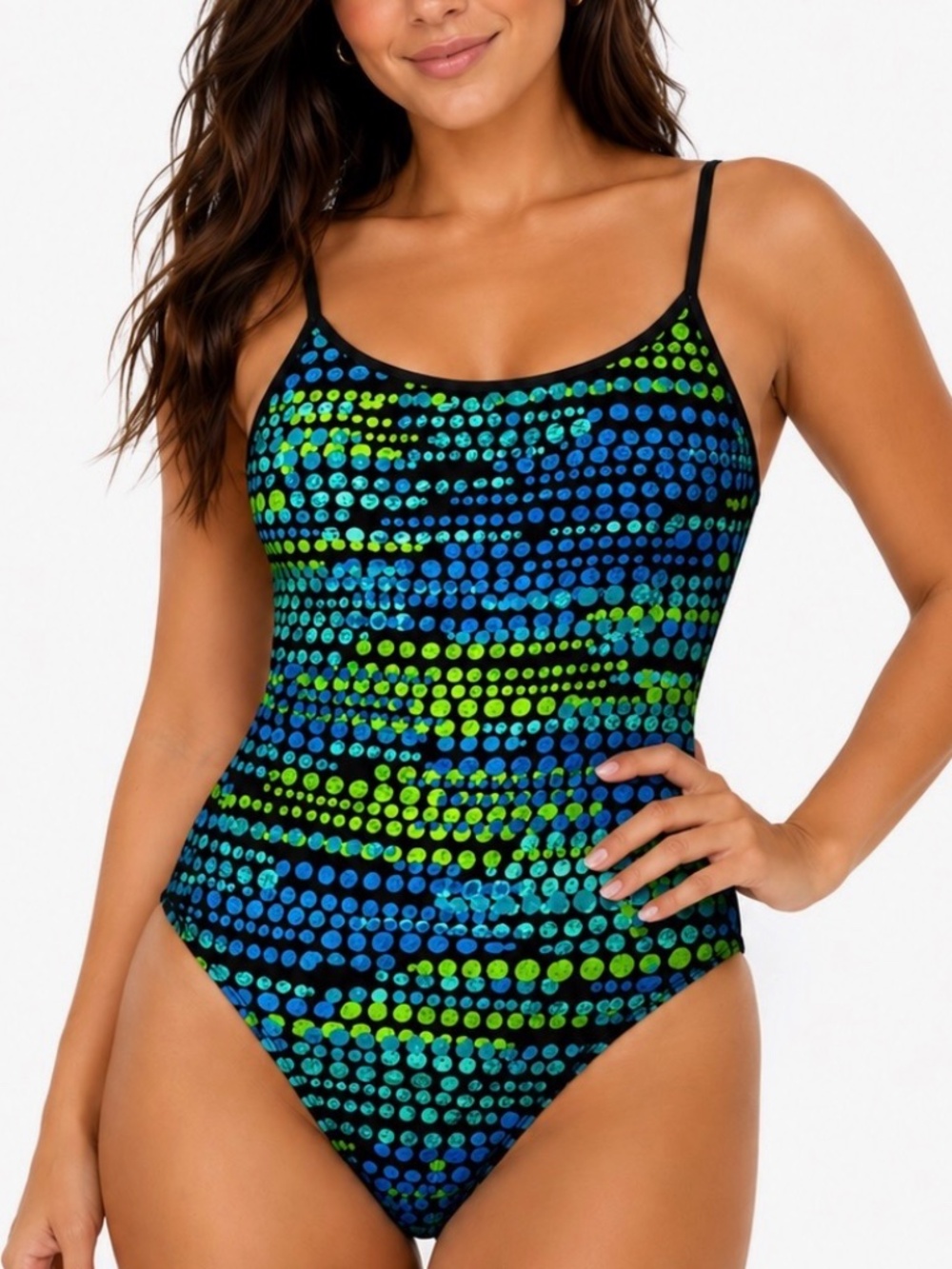 Speedo Bathing Suit Womens Size 8 Black Blue Green One Piece Peacock Dots